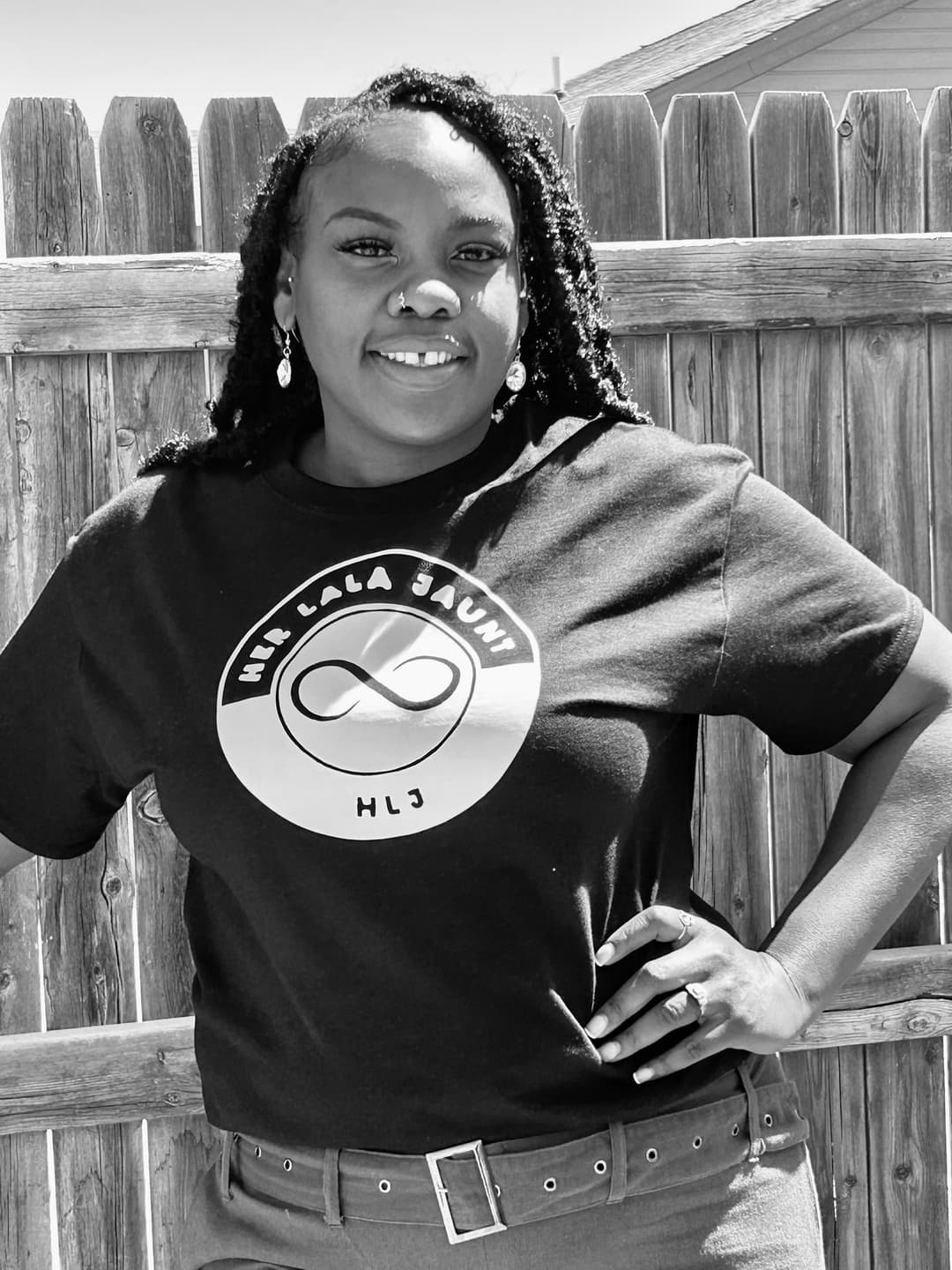 Heidi Johnson, founder of HER LALA JAUNT, wearing the HLJ logo t-shirt
